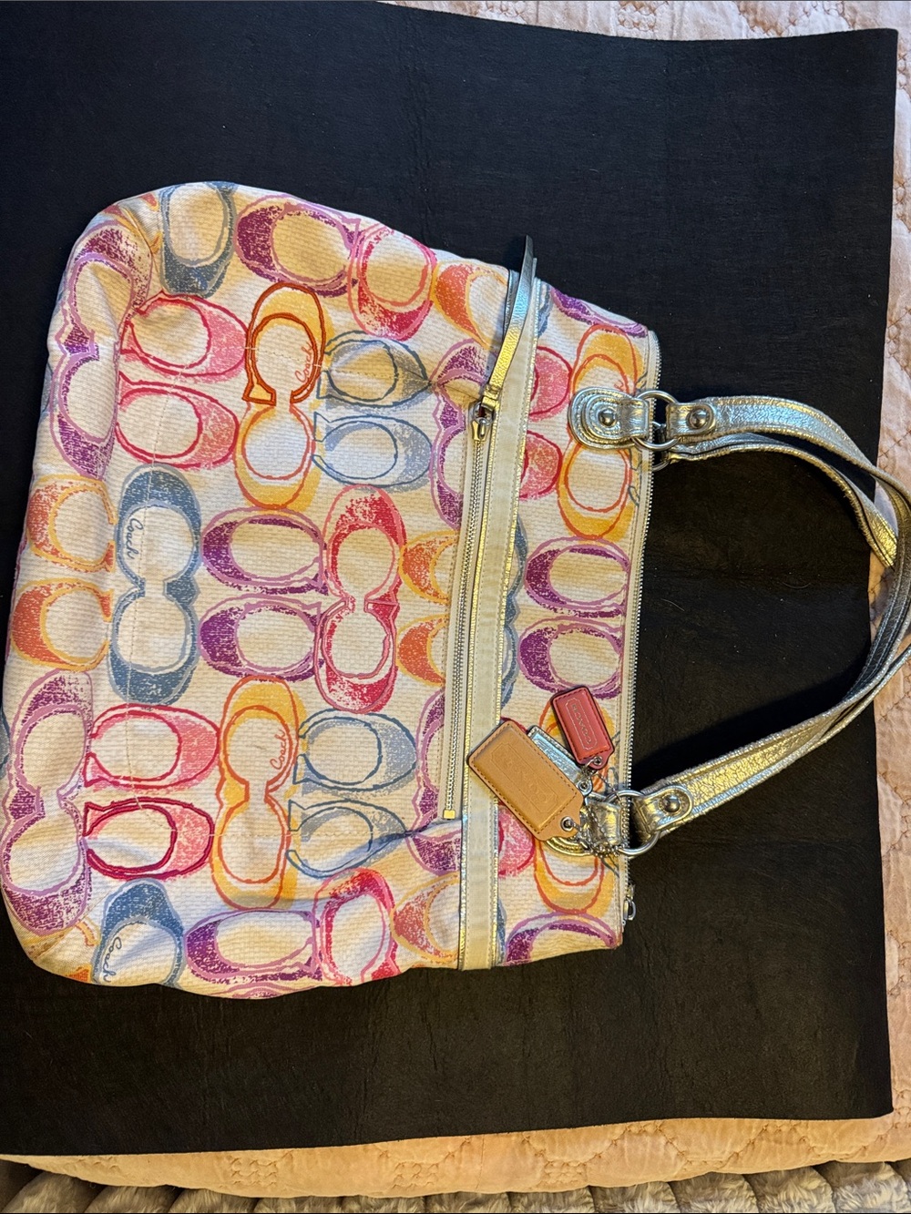 Coach Multicolor Signature Canvas Shoulder Bag with Metallic Straps